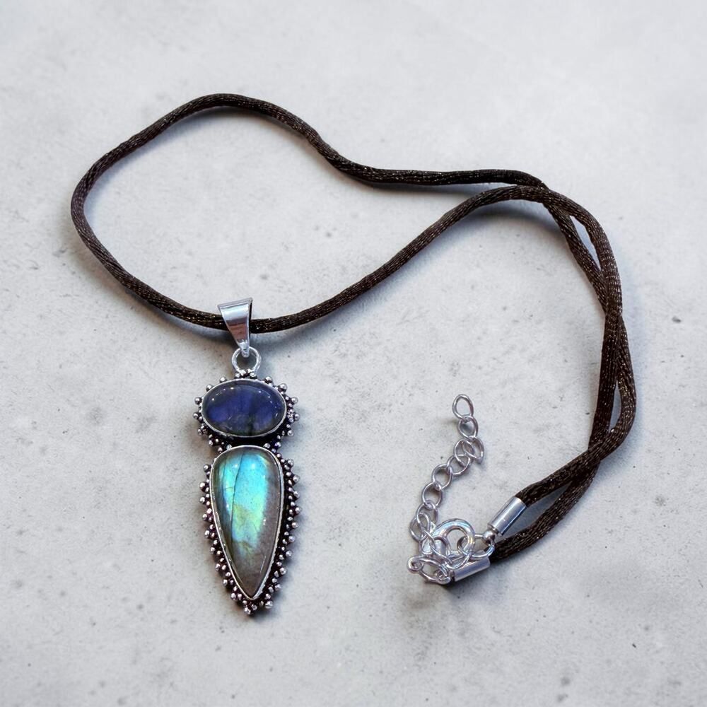Fiery Labradorite Double Stone Sterling Silver Plated Necklace